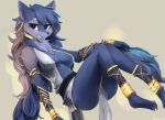  2021 anthro armwear barefoot big_breasts blue_body blue_fur blue_hair blush breasts canid canine canis claws clothed clothing cute_fangs ear_piercing ear_ring fangs feet female finger_claws fingers fluffy fur grey_body grey_eyes grey_fur hair hi_res jewelry kameloh kemono legwear long_hair looking_at_viewer mammal neck_tuft open_mouth piercing side_boob solo toe_claws toes tuft wolf 