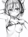  1girl :/ animal_ears arm_behind_back blush bra cat_ears choker closed_mouth covered_nipples greyscale hand_up headphones highres looking_at_viewer monochrome nanashi_(nlo) nipples simple_background solo tsumugine_rei underwear virtual_youtuber white_background zero_project 
