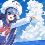  1girl bird blue_collar blue_eyes blue_hair blue_skirt cloud collar collared_shirt commentary day eel_hat fang large_hat leaning_forward long_hair looking_at_viewer mitsugushi_yuu neckerchief ocean open_mouth otomachi_una outdoors pointing red_neckwear sailor_collar school_uniform shirt skin_fang skirt smile solo suspender_skirt suspenders twintails upper_body very_long_hair vocaloid white_bird white_headwear white_shirt 