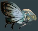  1girl aerie_(bravely_default) bare_shoulders black_footwear black_gloves black_legwear bravely_default:_flying_fairy bravely_default_(series) brown_eyes butterfly_wings dress fairy from_side full_body gloves grey_background grey_hair long_hair looking_at_viewer michelle_pao pointy_ears short_dress simple_background smile solo strapless strapless_dress thigh_strap thighhighs white_dress wings 