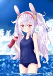  alternate_costume animal_ears azur_lane blue_sky blue_swimsuit blurry bunny_ears cloud cloudy_sky cola collarbone dappled_sunlight depth_of_field fake_animal_ears hairband holding horizon in_water laffey_(azur_lane) m_ko_(maxft2) ocean old_school_swimsuit parted_lips red_eyes school_swimsuit signature sky soda_bottle sunlight sweat swimsuit twintails white_hair 