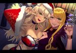  animal_ears arm_around_waist bell beppu_mitsunaka bikini blonde_hair bracelet breasts facial_mark fate/grand_order fate_(series) fox_ears fox_tail hat highres jewelry large_breasts light_brown_hair long_hair neck_bell santa_bikini santa_hat sharp_teeth suzuka_gozen_(santa)_(fate) swimsuit tail tan teeth v_over_eye vritra_(fate) wide_sleeves 