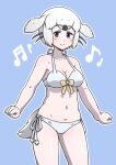  1girl absurdres acesrulez alternate_costume bare_legs bare_shoulders bikini bikini_bottom bikini_top black_hair blush commentary_request cowboy_shot crop_top eyebrows_visible_through_hair harp_seal_(kemono_friends) highres kemono_friends multicolored_hair musical_note navel seal_tail short_hair solo swimsuit two-tone_hair white_bikini white_hair white_swimsuit 