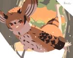  1girl absurdres artist_name bird_tail black_hair brown_eyes brown_hair coat commentary_request eurasian_eagle_owl_(kemono_friends) feathered_wings feathers flying fur_collar hair_between_eyes head_wings highres holding holding_staff kemono_friends long_sleeves multicolored_hair namekuz1paint no_outlines open_mouth pantyhose short_hair solo staff tail tree white_hair white_legwear wings 