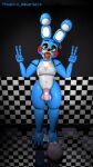  3d_(artwork) animatronic anthro big_condom blue_body bodily_fluids chastity_cage chastity_device checkered_background checkered_floor condom condom_on_nipple_ring cum cum_drip cum_in_mouth cum_inside cum_on_penis digital_media_(artwork) dripping ear_piercing excessive_cum facial_piercing filled_condom five_nights_at_freddy&#039;s five_nights_at_freddy&#039;s_2 genital_fluids genitals hi_res lagomorph leporid machine male male/male mammal nipple_piercing nipple_ring nipples nose_piercing nose_ring pattern_background peace_sign_(disambiguation) penis phoenix_adverdale piercing pink_condom rabbit robot sexual_barrier_device simple_background solo source_filmmaker toy_bonnie_(fnaf) video_games white_ears 