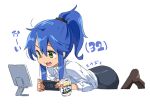  1girl :3 :d bangs black_legwear black_scrunchie black_skirt blue_hair can character_age collared_shirt commentary_request green_eyes hair_between_eyes hair_ornament hair_scrunchie high_ponytail holding izumi_konata leg_up long_sleeves looking_away lucky_star mole mole_under_eye monitor nintendo_switch no_shoes open_mouth pantyhose ponytail scrunchie shirt simple_background skirt smile solo strong_zero translation_request white_background white_shirt yuuzii 