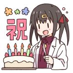  1girl :d bangs birthday_cake black_hair blush_stickers cake collared_shirt commentary_request cropped_torso eyebrows_behind_hair food fruit hair_ornament hair_ribbon hairclip holding holding_knife knife labcoat long_sleeves nekotoufu onii-chan_wa_oshimai open_clothes open_mouth oyama_mihari purple_shirt red_ribbon ribbon shirt simple_background smile solo strawberry translation_request twintails upper_body white_background |_| 