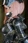  1girl absurdres armor black_bodysuit blue_eyes bodysuit breasts changgon_shin falslander from_side gauntlets helmet highres lips medium_breasts medium_hair photorealistic pink_hair smile solo standing upper_body wire 