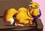  2020 anthro armwear black_sclera blue_eyes breasts bridal_gauntlets butt cageofmirrors_(artist) canid canine clothing digimon digimon_(species) female fur furniture looking_at_viewer mammal mostly_nude overweight overweight_anthro overweight_female renamon smile sofa solo white_body white_fur yellow_body yellow_fur 