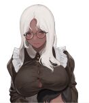  1girl black-framed_eyewear black_eyes breasts commentary_request dark_skin glasses large_breasts lips long_hair original sasamori_tomoe simple_background solo white_background white_hair work_in_progress 