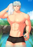  1boy abs absurdres alternate_pectoral_size bara black_male_swimwear blue_eyes bulge cloud cloudy_sky fate/grand_order fate_(series) feet_out_of_frame highres holding holding_towel large_pectorals looking_at_viewer male_focus male_swimwear mikicat muscular muscular_male navel nipples onsen pectorals percival_(fate) see-through short_hair sky smile solo sparkle stomach swim_briefs swimsuit thick_thighs thighs towel water wet wet_clothes wet_swimsuit white_hair 