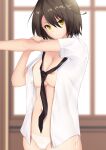 1girl 27-nichi areola_slip areolae azur_lane baltimore_(after-school_ace)_(azur_lane) baltimore_(azur_lane) bangs black_neckwear blurry blurry_background braid breasts brown_hair cleavage closed_mouth commentary_request cowboy_shot eyebrows_behind_hair french_braid hair_between_eyes highres indoors large_breasts looking_at_viewer loose_necktie navel necktie official_alternate_costume open_clothes open_shirt panties shirt short_hair short_sleeves side-tie_panties sidelocks smile solo standing stomach stretch underwear white_panties white_shirt yellow_eyes 