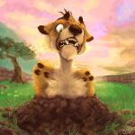  1:1 2021 activision anthro cheetah detailed_background digital_media_(artwork) digital_painting_(artwork) felid feline fur grass green_eyes hunter_(spyro) male mammal multicolored_body multicolored_fur open_mouth outside plant signature solo spots spotted_body spyro_reignited_trilogy spyro_the_dragon stuck tree two_tone_body two_tone_fur video_games xkocix 