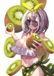  1girl arenoyoni bare_arms bare_shoulders breasts cleavage cowboy_shot food fruit green_eyes green_headband headband highres holding holding_food hololive kiwi_slice kiwifruit large_breasts one_eye_closed sarong shirogane_noel short_hair silver_hair simple_background solo sunglasses swimsuit virtual_youtuber white_background 