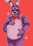  4_fingers abdominal_bulge animatronic anthro bonnie_(fnaf) bow_tie fingers five_nights_at_freddy&#039;s hand_on_stomach hi_res imprint lagomorph leporid licking licking_lips long_ears looking_down machine male mammal multicolored_body navel oral_vore pupils purple_body rabbit red_background red_bow_tie red_eyes red_pupils robot scott_cawthon shaded signature simple_background solo star terrificeyez_(artist) tongue tongue_out two_tone_body video_games vore 