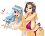  activision alternate_hairstyle anthro bandicoot better_version_at_source big_breasts bikini blue_hair breasts cleavage clothed clothing crash_bandicoot_(series) duo female hair happy hi_res huge_breasts liz_bandicoot long_hair makeup mammal marsupial megumi_bandicoot nipple_outline one_eye_closed open_mouth pendulous_g red_eyes smile swimwear tickling video_games wink 