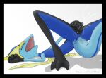  black_border blue_body bodily_fluids border drake_drachenlicht ejaculation female genital_fluids genitals inteleon nintendo open_mouth orgasm patreon pok&eacute;mon pok&eacute;mon_(species) pussy pussy_ejaculation pussy_juice saliva saliva_string simple_background solo text tongue url video_games wet 