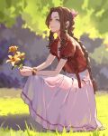  1girl aerith_gainsborough arm_support bangs belt blurry blurry_background bow bracelet braid braided_ponytail breasts brown_hair cropped_jacket dress drill_hair final_fantasy final_fantasy_vii flower full_body grass green_eyes hair_bow highres holding holding_flower jacket jewelry jiro_(ninetysix) leaning_forward lily_(flower) long_dress looking_at_viewer looking_to_the_side necklace pink_bow pink_dress red_jacket short_sleeves side_drill sidelocks signature smile solo squatting tri_drills 