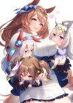  4girls :&lt; :d ahoge animal_ears bangs blue_eyes blue_ribbon blush braid breasts brown_hair carrying chibi commentary_request cowboy_shot dress ear_covers fox_mask green_eyes hair_between_eyes hair_ribbon headband heart highres horse_ears horse_girl horse_tail in_palm inari_one_(umamusume) jitome large_breasts long_hair long_sleeves looking_at_another looking_up mask mask_on_head mikazuki_mika multiple_girls oguri_cap_(umamusume) open_mouth ribbon sidelocks smile standing super_creek_(umamusume) sweater sweater_dress tail tamamo_cross_(umamusume) twintails umamusume white_background white_hair white_sweater younger 