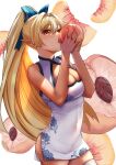  1girl arenoyoni ass_visible_through_thighs blonde_hair breasts china_dress chinese_clothes cleavage cleavage_cutout clothing_cutout cowboy_shot dress eating food fruit highres holding holding_food hololive long_hair looking_at_viewer open_mouth orange_nails peach peach_slice pointy_ears ponytail red_eyes shiranui_flare simple_background solo thighhighs virtual_youtuber white_background white_legwear zettai_ryouiki 