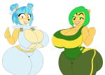  absurd_res activision ami_bandicoot anthro bandicoot big_breasts big_butt blue_hair breasts butt cleavage clothed clothing crash_bandicoot_(series) duo female green_eyes green_hair hair happy hi_res huge_breasts huge_butt looking_at_viewer makeup mammal marsupial mechspazer megumi_bandicoot red_eyes smile thick_thighs video_games wide_hips 