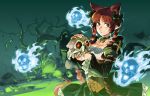  1girl animal_ears bare_tree bell bow braid breasts brown_eyes brown_hair cat_ears choker cleavage closed_mouth corset flaming_skull green_bow green_choker green_jacket green_sky green_theme hair_bow highres holding holding_skull jacket juliet_sleeves kaenbyou_rin long_hair long_sleeves looking_at_viewer medium_breasts neck_bell pointy_ears puffy_sleeves ruukii_drift skull solo touhou tree twin_braids very_long_hair 