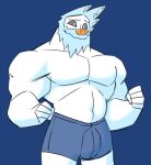  blue_background blue_clothing bulge cartoonjunkie clothed clothing elemental_creature elemental_humanoid humanoid male mineral_fauna mineral_humanoid not_furry simple_background snow snow_creature snow_humanoid snowman topless 