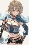  1girl armor bangs blonde_hair blue_eyes breastplate breasts capelet closed_mouth detached_sleeves fagi_(kakikaki) fingerless_gloves gloves hair_between_eyes hand_on_hip holding holding_sword holding_weapon looking_at_viewer midriff navel philia_(sao) short_hair short_shorts shorts smile sword sword_art_online sword_art_online:_hollow_fragment weapon white_background 