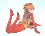  1girl arm_support bangs blue_background blue_eyes bodysuit english_commentary evangelion:_2.0_you_can_(not)_advance eyebrows_visible_through_hair full_body gradient gradient_background hks_(timbougami) legs legs_up logo long_hair looking_at_viewer looking_back lying multicolored multicolored_bodysuit multicolored_clothes neon_genesis_evangelion nerv on_stomach orange_bodysuit orange_hair plugsuit rebuild_of_evangelion red_bodysuit shadow shikinami_asuka_langley shiny shiny_clothes shiny_hair sidelocks souryuu_asuka_langley test_plugsuit 