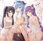  4girls :d ahoge animal bangs black_hair blue_eyes blush breasts bubble chintora0201 collarbone commentary dog english_commentary eyebrows_visible_through_hair feet_out_of_frame floating_hair ganyu_(genshin_impact) genshin_impact goat_horns green_eyes hair_brush hair_censor hair_cones hair_ornament halo highres holding holding_animal horns indoors keqing_(genshin_impact) kneeling long_hair looking_at_animal medium_breasts mona_megistus multiple_girls naked_towel nude open_mouth paimon_(genshin_impact) purple_eyes sidelocks sitting small_breasts smile soap soap_bubbles towel twintails very_long_hair wavy_mouth wet white_hair white_towel 