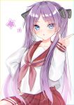  1girl black_ribbon blue_eyes eyebrows_visible_through_hair hair_ribbon hand_up highres hiiragi_kagami index_finger_raised long_hair looking_at_viewer lucky_star masiro_inori purple_hair ribbon school_uniform simple_background solo star_(symbol) twintails white_background 