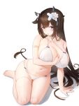  1girl absurdres animal_ears arm_strap arm_support ass_visible_through_thighs azur_lane bandaid bandaid_on_head bangs bare_legs barefoot bikini blush bow bow_bikini breast_hold breasts brown_hair cameltoe cleavage collarbone cow_ears cow_girl cow_horns cow_tail crossed_bandaids flower furrowed_eyebrows hair_flower hair_ornament highleg highleg_bikini highres horns huge_breasts kashino_(after-bath_pleasure)_(azur_lane) kashino_(azur_lane) long_hair looking_at_viewer multi-strapped_bikini navel purple_eyes simple_background sitting skindentation solo string_bikini swimsuit tail thigh_strap white_background white_bikini white_flower yashemao_qishi yokozuwari 