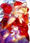  1girl ahoge blonde_hair breasts cleavage dutch_angle emoillu fate/grand_order fate_(series) flower green_eyes hair_intakes hand_on_own_chest hand_on_own_head large_breasts leaf navel nero_claudius_(fate) nero_claudius_(fate)_(all) rose solo waist_cape 