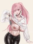  1girl absurdres bangs black_pants breasts earrings eyebrows_visible_through_hair feet_out_of_frame gcg girls_frontline highres hood hoodie hoodie_lift jewelry large_breasts lips long_hair looking_at_viewer mole mole_under_eye navel neck_tattoo nipple_piercing nipples no_bra pants piercing pink_hair ponytail red_eyes sig_mcx_(girls_frontline) simple_background solo standing stomach tattoo tongue tongue_out white_hoodie 