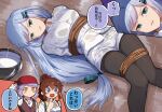  3girls aqua_eyes aqua_ribbon arm_behind_head arm_up arms_behind_back bandana bangs black_legwear blue_eyes blush bound bound_legs bound_torso bow breasts brown_hair brown_vest buttons chibi chibi_inset collared_shirt commentary_request epaulettes eyebrows_visible_through_hair feet_out_of_frame frown hair_between_eyes hair_bow hair_ribbon hand_up hat hat_removed headwear_removed high_ponytail idolmaster idolmaster_million_live! idolmaster_million_live!_theater_days jacket kamille_(vcx68) knees_together_feet_apart legwear_under_shorts long_hair long_sleeves looking_at_viewer low-tied_long_hair lying makabe_mizuki medium_breasts military military_uniform multiple_girls naval_uniform no_mouth no_pupils off-shoulder_shirt off_shoulder on_back on_floor open_mouth outdoors pantyhose peaked_cap pirate ponytail purple_hair rain red_bandana red_bow ribbon rope satake_minako see-through shiraishi_tsumugi shirt short_hair shorts silver_hair sparkle speech_bubble translation_request uniform very_long_hair vest water_drop wet wet_clothes wet_floor wet_hair white_headwear white_jacket white_shirt white_shorts wooden_floor yellow_eyes 
