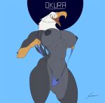  2021 abs accipitrid accipitriform anthro areola avian bald_eagle beak biceps big_breasts big_nipples bikini bird black_body blue_clothing blue_swimwear breasts camel_toe character_name clitoral_hood clitoris clothed clothing curvy_figure deltoids digital_media_(artwork) eagle exposed_breasts feathers female genitals hi_res muscular muscular_anthro muscular_female naughty_face navel nipples non-mammal_breasts okura_(jelomaus) open_mouth pose puffy_nipples pussy sea_eagle shredded_wheat signature simple_background skimpy sling_bikini smile solo swimwear tail_feathers thick_thighs tongue wide_hips yellow_beak 