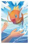  1other artist_name border cloud commentary day english_commentary fish gen_1_pokemon magikarp mootecky open_mouth outdoors outstretched_hand pokemon pokemon_(creature) sky sparkle tongue water water_drop white_border 