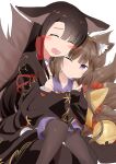  2girls :d ^_^ ^o^ akagi_(azur_lane) amagi-chan_(azur_lane) animal_ears azur_lane bangs bell black_gloves black_hair black_legwear brown_hair cheek-to-cheek closed_eyes collarbone commentary_request ear_down eyebrows_visible_through_hair eyeshadow fingerless_gloves fox_ears fox_girl fox_tail gloves hair_tubes head_tilt heart heart_in_mouth height_difference hug hug_from_behind japanese_clothes kyuubi long_hair makeup multiple_girls multiple_tails off-shoulder_kimono off_shoulder one_eye_closed open_mouth pantyhose purple_eyes sidelocks sitting sitting_on_lap sitting_on_person smile tail toro_yurei twintails white_background wide_sleeves 