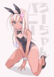  1girl alternate_costume animal_ears bangs bare_arms bare_legs bare_shoulders black_footwear black_hairband black_leotard black_neckwear blonde_hair blue_eyes blush bow bowtie breasts bunny_ears bunny_tail commentary_request covered_navel detached_collar eyebrows_visible_through_hair fake_animal_ears fake_tail flower hair_flower hair_ornament hairband high_heels highres kantai_collection kneeling leotard licking_lips long_hair looking_at_viewer one-piece_tan playboy_bunny ro-500_(kancolle) simple_background small_breasts smile solo strapless strapless_leotard tail tan tanline tongue tongue_out uut white_background wrist_cuffs 