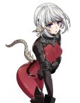  1girl allie_(ffxiv) au_ra bangs bodysuit breasts dragon_horns dragon_tail final_fantasy final_fantasy_xiv highres horns leaning_forward lili_mdoki scales short_hair small_breasts solo tail white_background white_hair 