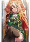  1girl animal_ears ascot bangs black_legwear blush brown_hair chair closed_mouth coat crossed_arms crossed_legs epaulettes eyebrows_visible_through_hair feet_out_of_frame frilled_skirt frills gloves green_coat green_skirt hair_ornament highres horse_ears horse_girl karo-chan long_hair long_sleeves looking_at_viewer medal multicolored_hair purple_eyes single_epaulette sitting skirt solo streaked_hair symboli_rudolf_(umamusume) thighhighs umamusume white_gloves white_hair 