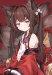  1girl 7gao amagi-chan_(azur_lane) animal_ears armpit_peek azur_lane bangs bell black_hair black_legwear blunt_bangs collarbone commentary_request empty_eyes eyebrows_visible_through_hair eyes_visible_through_hair eyeshadow fox_ears fox_girl fox_tail from_side grey_eyes head_tilt highres kyuubi long_hair looking_at_viewer looking_to_the_side makeup manjuu_(azur_lane) multiple_tails off-shoulder_kimono off_shoulder pantyhose red_background revision seiza sidelocks simple_background sitting solo tail thick_eyebrows twintails wide_sleeves 