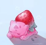  bulbasaur closed_eyes commentary english_commentary food fruit gen_1_pokemon lying mootecky no_humans on_stomach pokemon pokemon_(creature) signature sleeping solo strawberry 