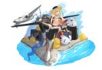  1girl aa_gun absurdres aircraft airplane arm_rest azur_lane bangs bare_shoulders bikini bird black_bikini black_headwear black_legwear black_shorts black_sleeves blonde_hair blunt_bangs boots box breasts cat chick cleavage collarbone cowboy_hat detached_sleeves drum_(container) eagle_union_(emblem) english_commentary engrish_commentary eyebrows_visible_through_hair flight_deck full_body green_eyes grin hat highlights highres hornet_(azur_lane) knee_boots large_breasts leo_higa long_hair looking_at_viewer manjuu_(azur_lane) meowfficer_(azur_lane) midriff multicolored_hair navel ocean one_eye_closed parted_bangs rigging rudder_footwear short_shorts shorts sidelocks simple_background sitting smile solo_focus swimsuit teeth thighhighs twintails underboob white_background yellow_belt 