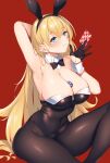  1girl absurdres animal_ears arm_behind_head arm_up armpits azur_lane bangs bare_shoulders between_breasts black_gloves black_leotard black_neckwear blonde_hair blue_eyes blush bow bowtie breasts brown_legwear bunny_ears card cleavage covered_navel detached_collar eyebrows_visible_through_hair eyelashes fake_animal_ears fine_fabric_emphasis gloves hair_between_eyes half_gloves hand_up highleg highleg_leotard highres holding holding_card large_breasts leotard long_hair looking_at_viewer north_carolina_(azur_lane) pantyhose parted_lips playboy_bunny poker_chip raiou red_background sidelocks simple_background sitting solo strapless strapless_leotard very_long_hair wrist_cuffs 