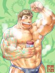  1boy :d abs bara bare_pectorals biceps blue_male_swimwear blush bulge bunta_ru cowboy_shot dated flexing highres kurogane_(tokyo_houkago_summoners) large_pectorals light_brown_hair male_focus mature_male muscular muscular_male navel nipples open_mouth pectorals pose short_hair sideburns smile solo stomach thick_eyebrows thick_thighs thighs tokyo_houkago_summoners wet 