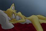  anthro bedding blanket blonde_hair butt canid canine canis chest_tuft darkness eyes_closed female fox fur hair hi_res inner_ear_fluff mammal nikku_lunatique nude one_eye_obstructed one_eye_visible ouko pillow sleeping solo tuft yellow_body yellow_fur 