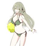  +_+ 1girl ball bangs bare_shoulders bikini black_ribbon bracelet breasts cleavage eyebrows_visible_through_hair feet_out_of_frame ff_frbb122 girls_frontline green_bikini grey_hair hair_ribbon highres holding holding_ball jewelry long_hair looking_at_viewer medium_breasts navel open_mouth ribbon side-tie_bikini smile solo standing string_bikini swimsuit ump40_(girls_frontline) white_background yellow_eyes 