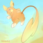  :o alolan_form alolan_raichu blue_eyes blurry commentary english_commentary from_below gen_7_pokemon looking_back mootecky no_humans open_mouth paws pokemon signature solo toes tongue 