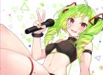  1girl ahoge arm_strap bangs bare_shoulders bracelet breasts clothing_cutout commentary crop_top delutaya drill_hair eyebrows_visible_through_hair fingernails green_hair green_nails highres holding holding_microphone hoshi_usagi indie_virtual_youtuber jewelry looking_at_viewer microphone midriff nail_polish navel official_art red_eyes small_breasts smile solo thigh_strap twin_drills twintails underboob_cutout v virtual_youtuber 